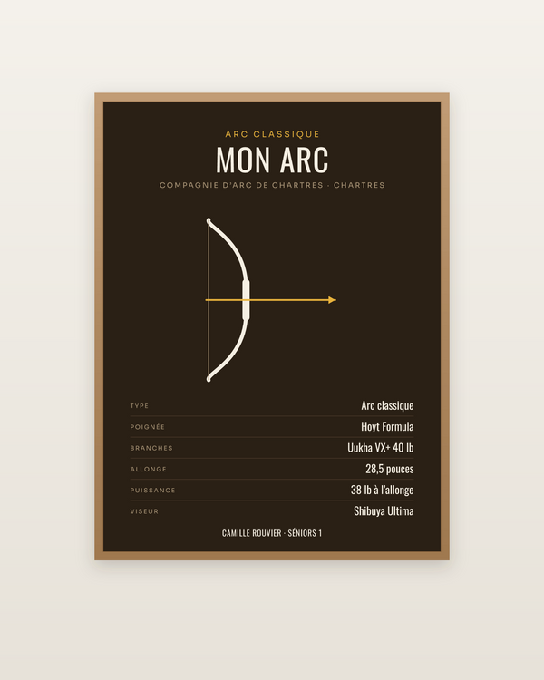 Affiche Mon arc | fiche de matériel personnalisée, encadrée dans un cadre bois naturel