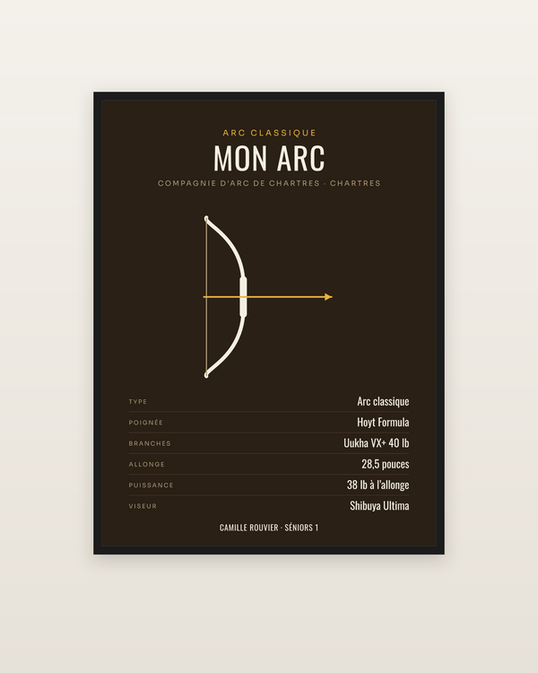 Affiche Mon arc | fiche de matériel personnalisée, encadrée dans un cadre noir
