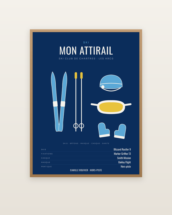 Affiche Attirail de ski personnalisée, encadrée dans un cadre bois naturel