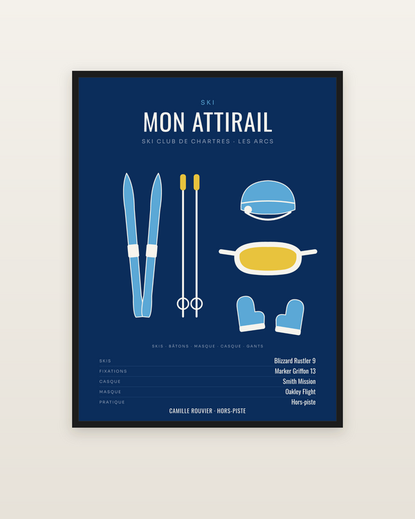Affiche Attirail de ski personnalisée, encadrée dans un cadre noir