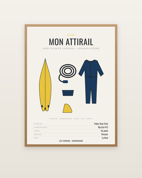 Affiche Attirail de surf personnalisée, encadrée dans un cadre bois naturel