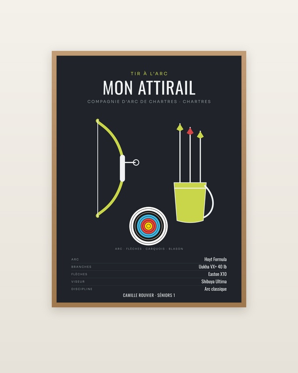 Affiche Attirail de tir à l’arc personnalisée, encadrée dans un cadre bois naturel