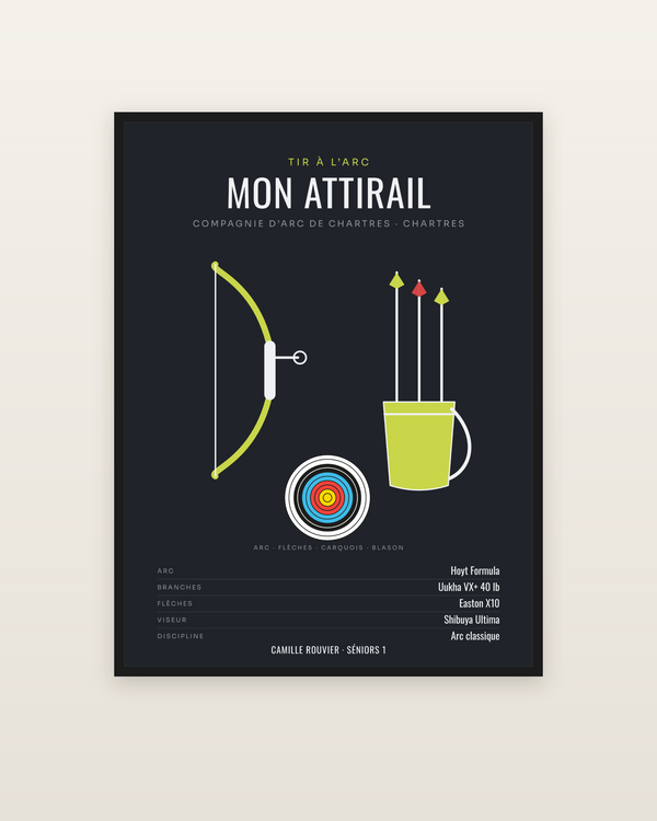 Affiche Attirail de tir à l’arc personnalisée, encadrée dans un cadre noir
