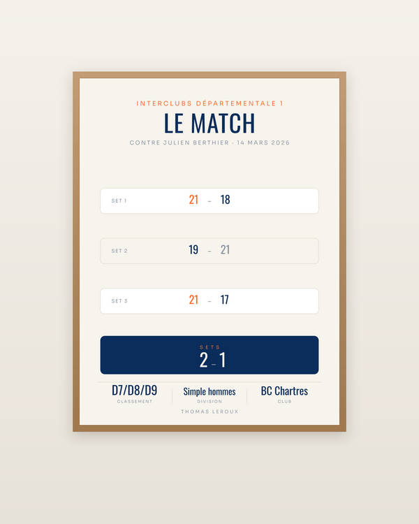 Affiche Match de badminton personnalisée, encadrée dans un cadre bois naturel
