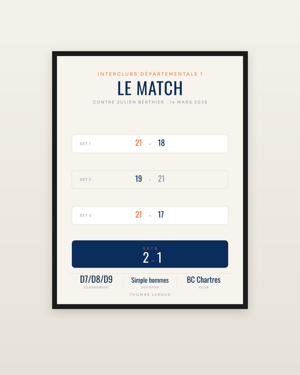 Affiche Match de badminton personnalisée, encadrée dans un cadre noir