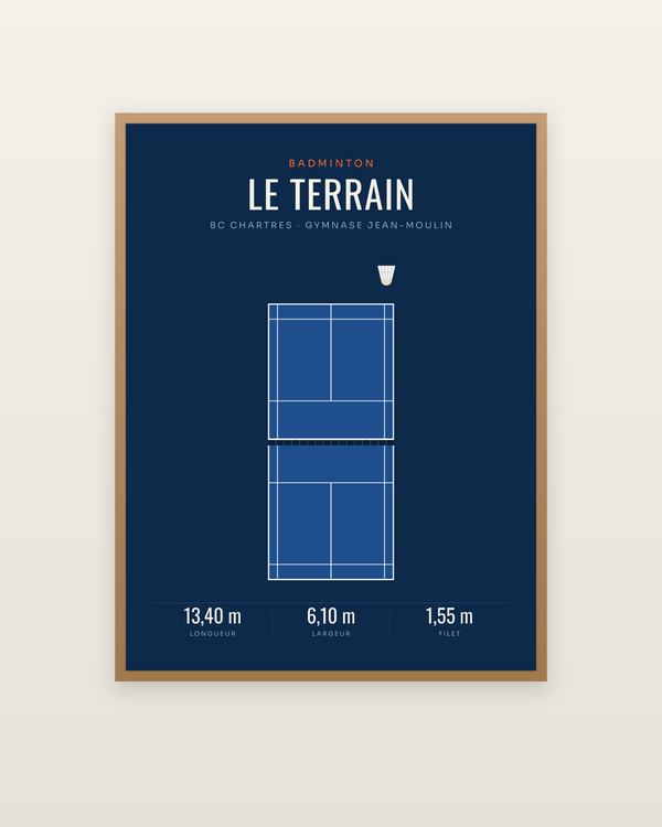 Affiche Terrain de badminton | poster déco, encadrée dans un cadre bois naturel