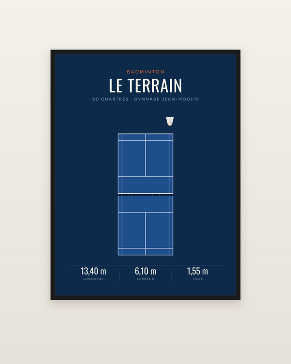 Affiche Terrain de badminton | poster déco, encadrée dans un cadre noir