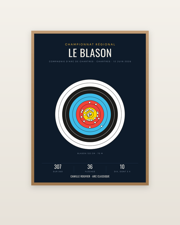 Affiche Blason de tir à l’arc personnalisée, encadrée dans un cadre bois naturel