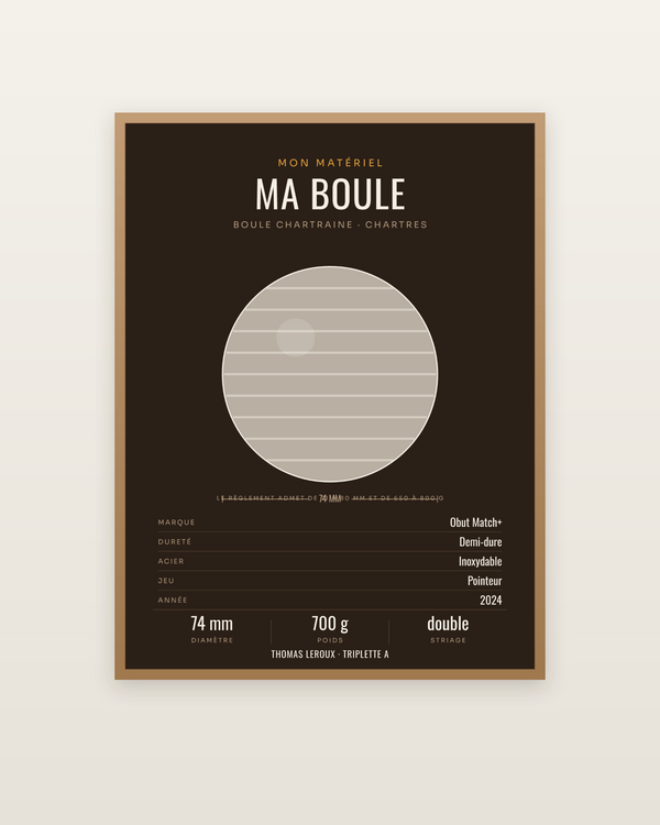 Affiche Ma boule de pétanque personnalisée, encadrée dans un cadre bois naturel