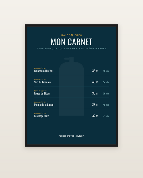 Affiche Carnet de plongée personnalisée, encadrée dans un cadre noir