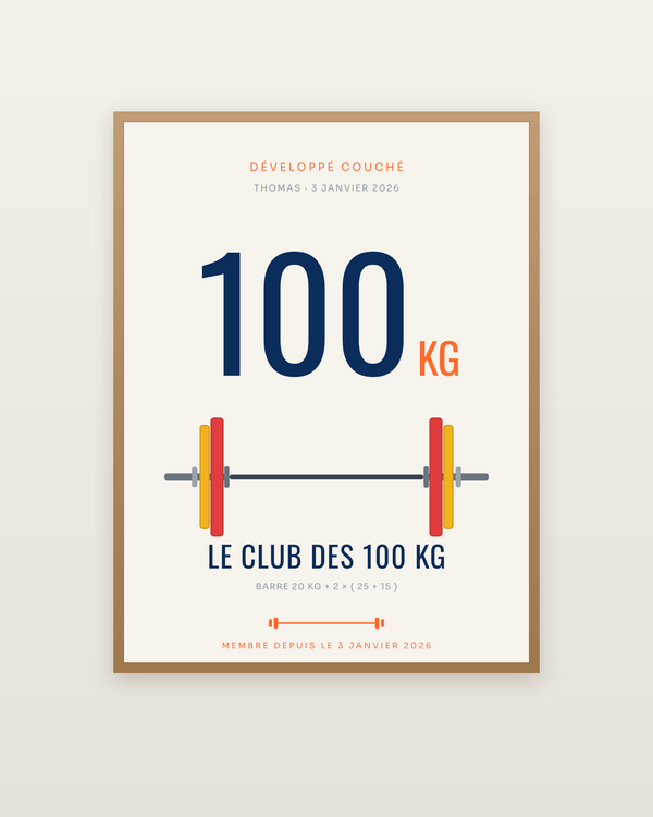 Affiche Le Club des 100 kg | Développé couché, encadrée dans un cadre bois naturel