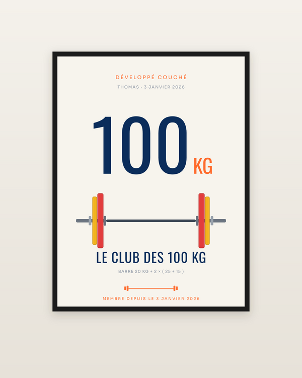 Affiche Le Club des 100 kg | Développé couché, encadrée dans un cadre noir