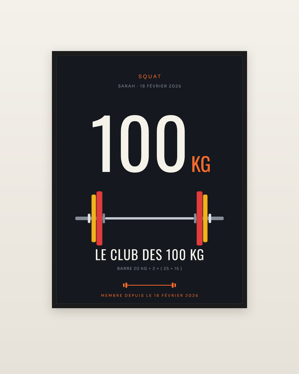 Affiche Le Club des 100 kg | Squat, encadrée dans un cadre noir