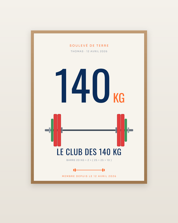 Affiche Le Club des 140 kg | Soulevé de terre, encadrée dans un cadre bois naturel
