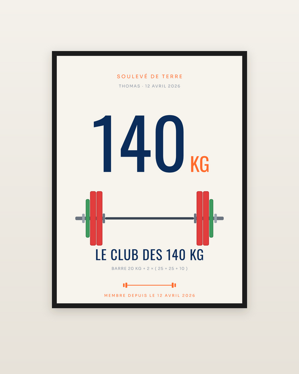 Affiche Le Club des 140 kg | Soulevé de terre, encadrée dans un cadre noir