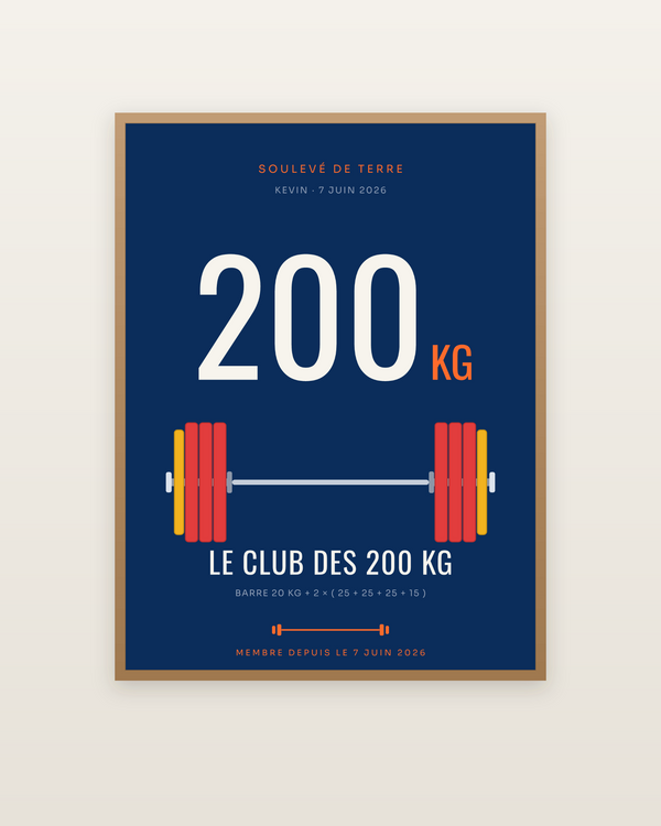 Affiche Le Club des 200 kg | Soulevé de terre, encadrée dans un cadre bois naturel