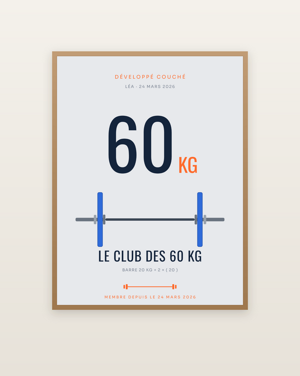 Affiche Le Club des 60 kg | Développé couché, encadrée dans un cadre bois naturel