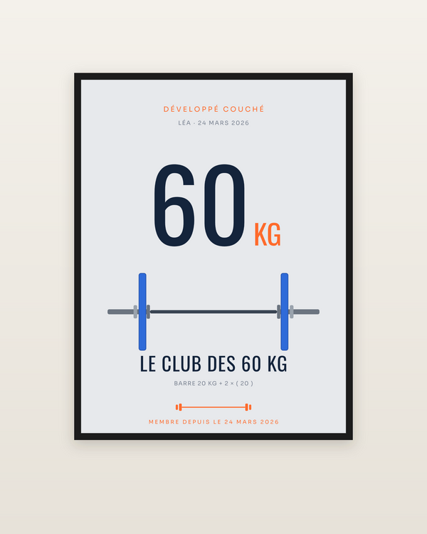 Affiche Le Club des 60 kg | Développé couché, encadrée dans un cadre noir