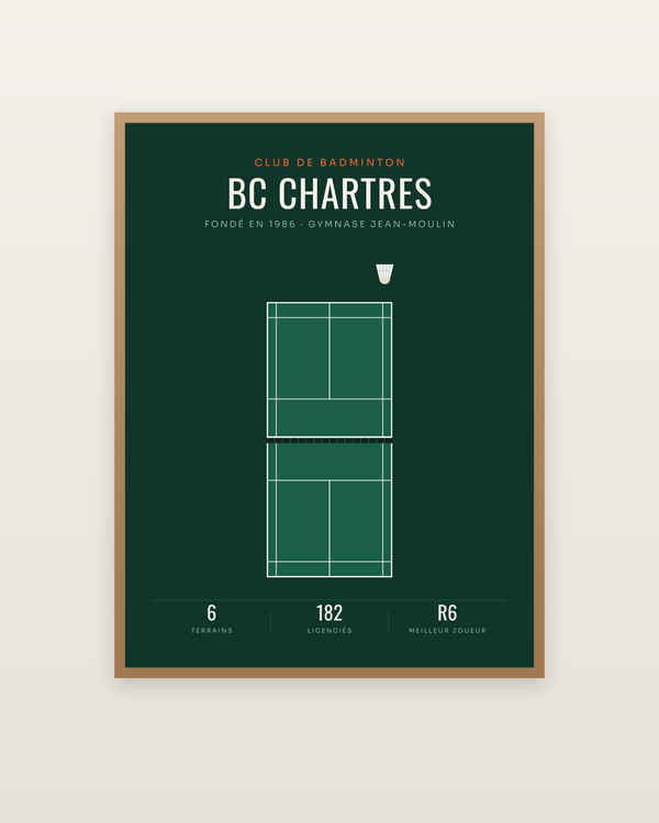 Affiche Club de badminton personnalisée, encadrée dans un cadre bois naturel