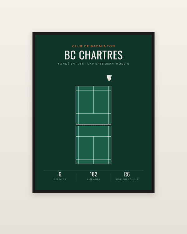 Affiche Club de badminton personnalisée, encadrée dans un cadre noir