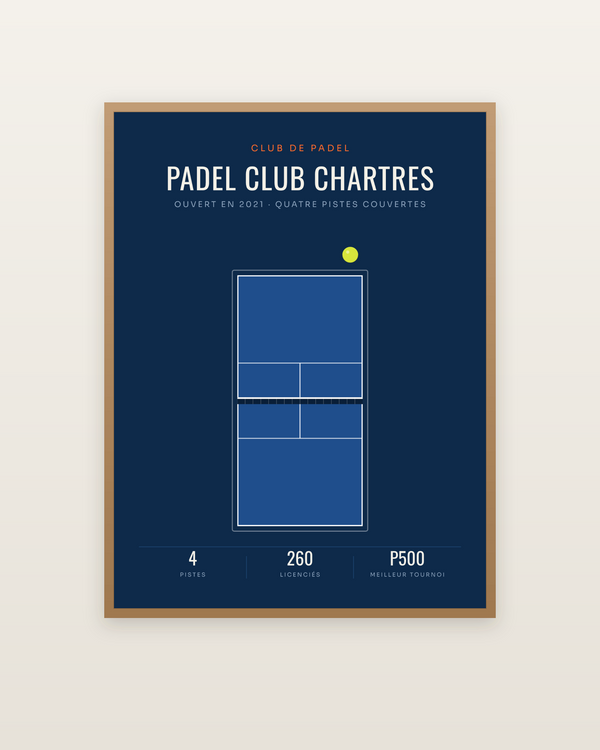 Affiche Club de padel personnalisée, encadrée dans un cadre bois naturel