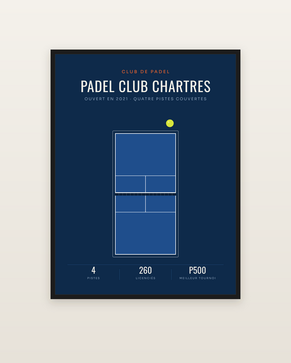 Affiche Club de padel personnalisée, encadrée dans un cadre noir