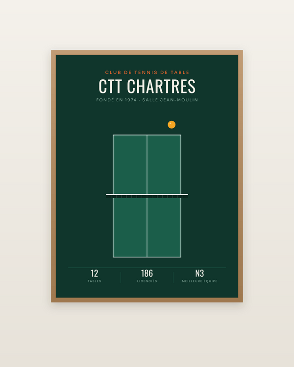 Affiche Club de tennis de table personnalisée, encadrée dans un cadre bois naturel