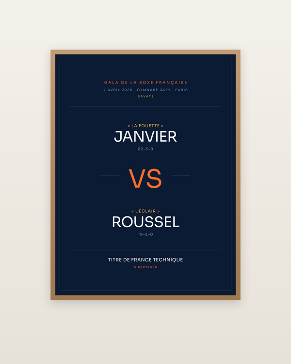 Affiche de combat | Savate — boxe française, encadrée dans un cadre bois naturel