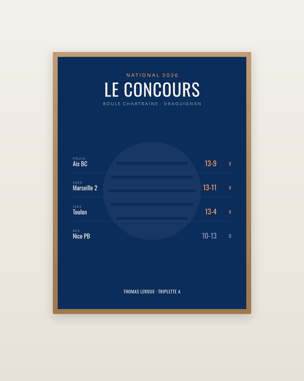 Affiche Concours de pétanque personnalisée, encadrée dans un cadre bois naturel