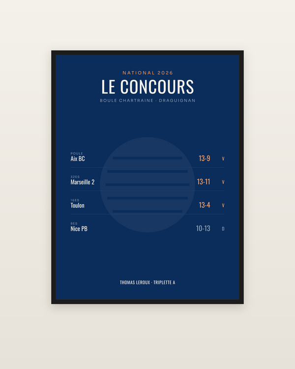 Affiche Concours de pétanque personnalisée, encadrée dans un cadre noir