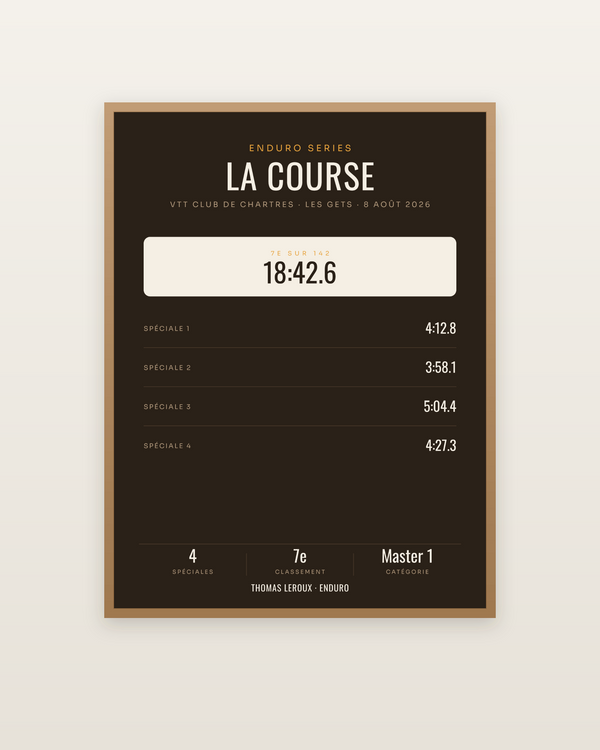 Affiche Course de VTT personnalisée, encadrée dans un cadre bois naturel