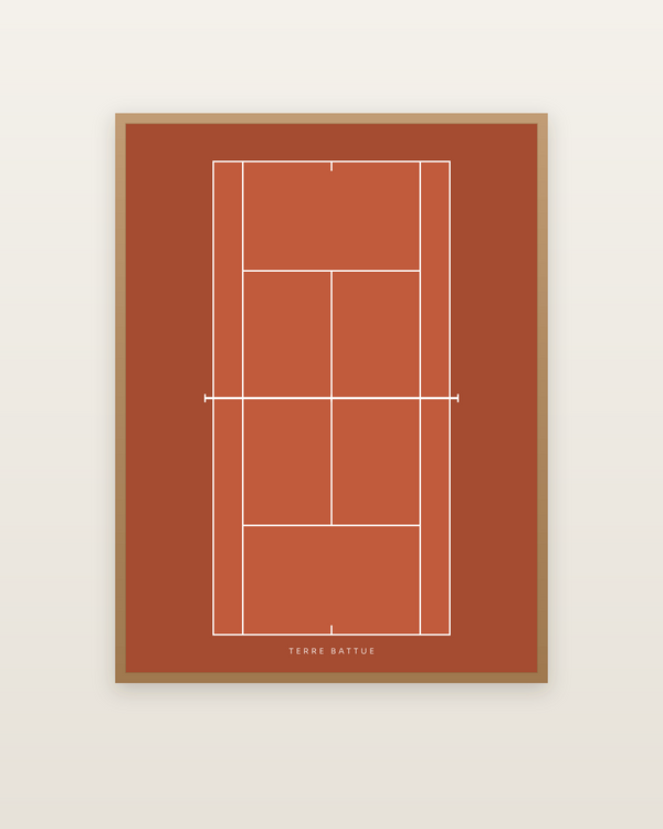 Affiche Court de tennis, encadrée dans un cadre bois naturel
