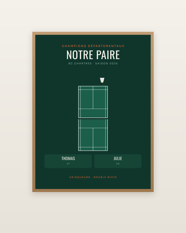 Affiche Double de badminton personnalisée, encadrée dans un cadre bois naturel