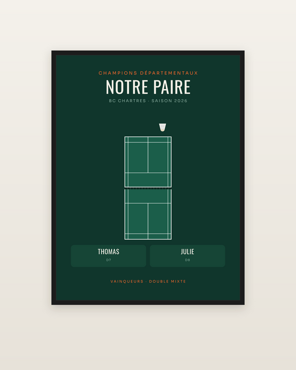 Affiche Double de badminton personnalisée, encadrée dans un cadre noir