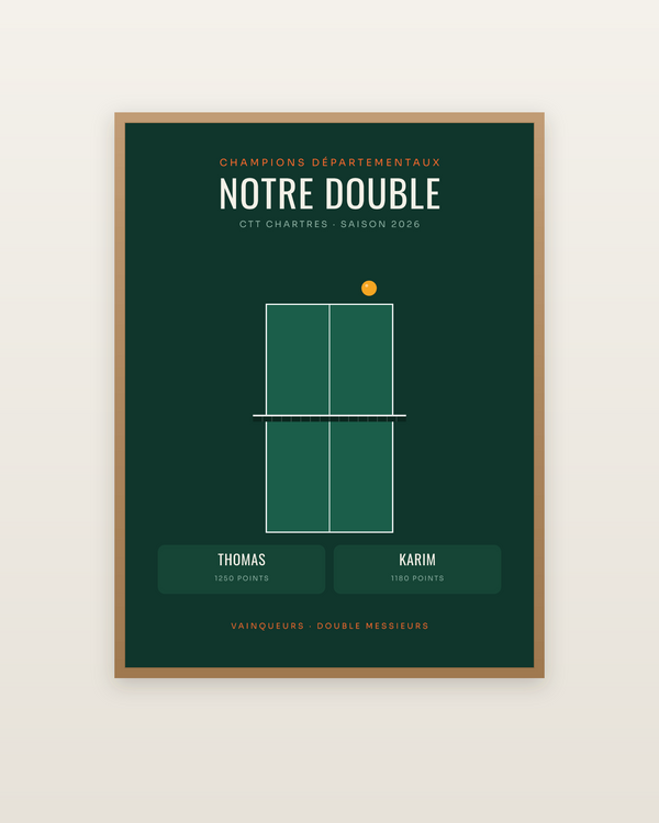 Affiche Double de tennis de table personnalisée, encadrée dans un cadre bois naturel