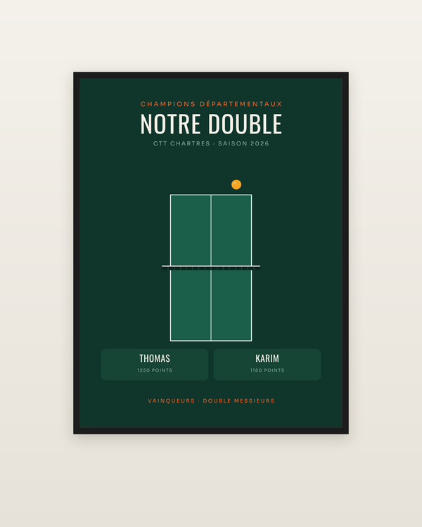 Affiche Double de tennis de table personnalisée, encadrée dans un cadre noir