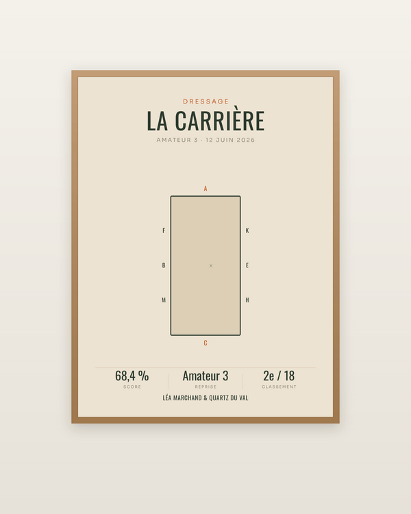 Affiche Dressage | la carrière et ses lettres, encadrée dans un cadre bois naturel