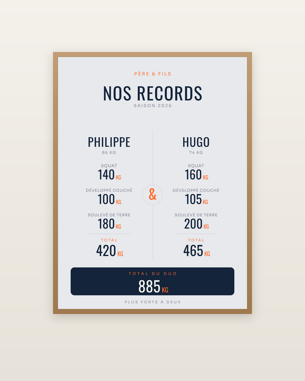 Affiche Nos Records | Père & fils, encadrée dans un cadre bois naturel