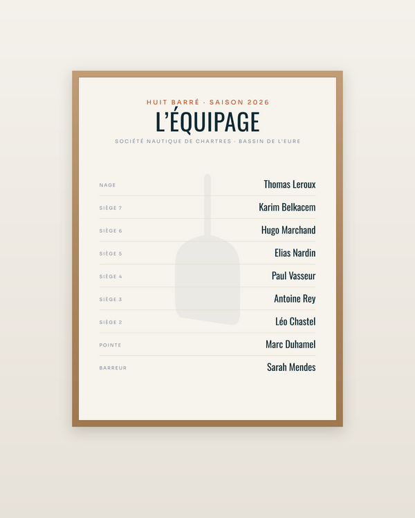 Affiche Équipage d’aviron personnalisée, encadrée dans un cadre bois naturel