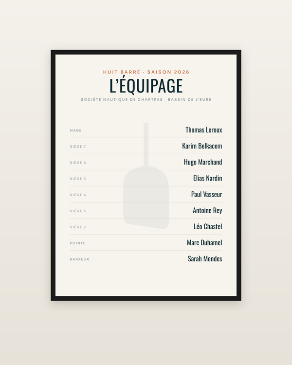 Affiche Équipage d’aviron personnalisée, encadrée dans un cadre noir