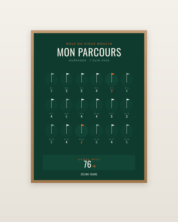 Affiche Parcours 18 trous golf personnalisée, encadrée dans un cadre bois naturel