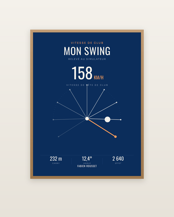 Affiche Mon swing de golf personnalisée, encadrée dans un cadre bois naturel