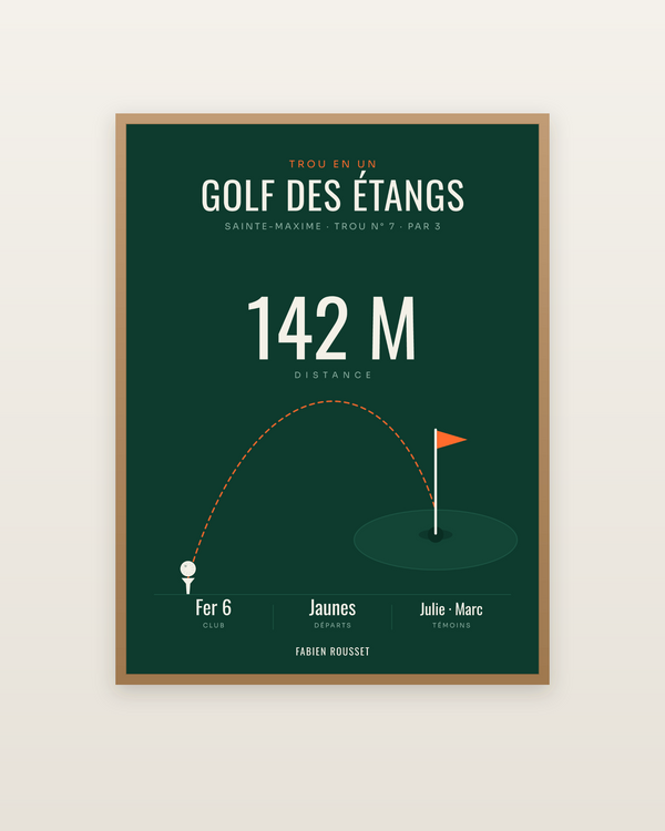 Affiche Trou en un golf personnalisée, encadrée dans un cadre bois naturel