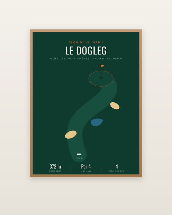 Affiche Plan de trou de golf personnalisée, encadrée dans un cadre bois naturel