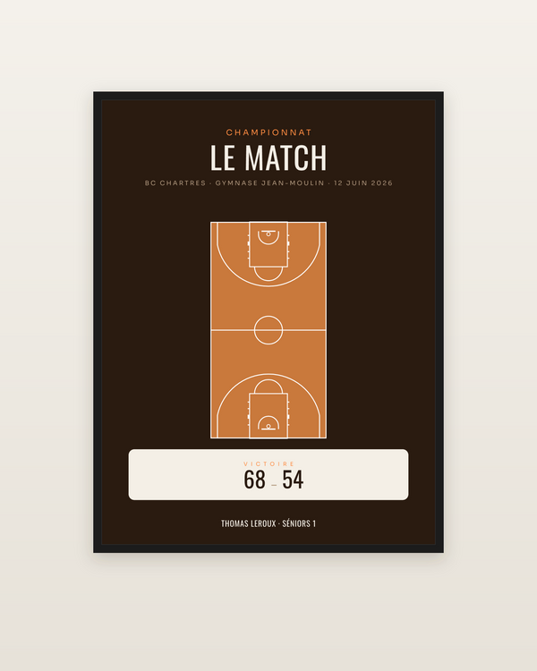 Affiche Match de basket personnalisée, encadrée dans un cadre noir