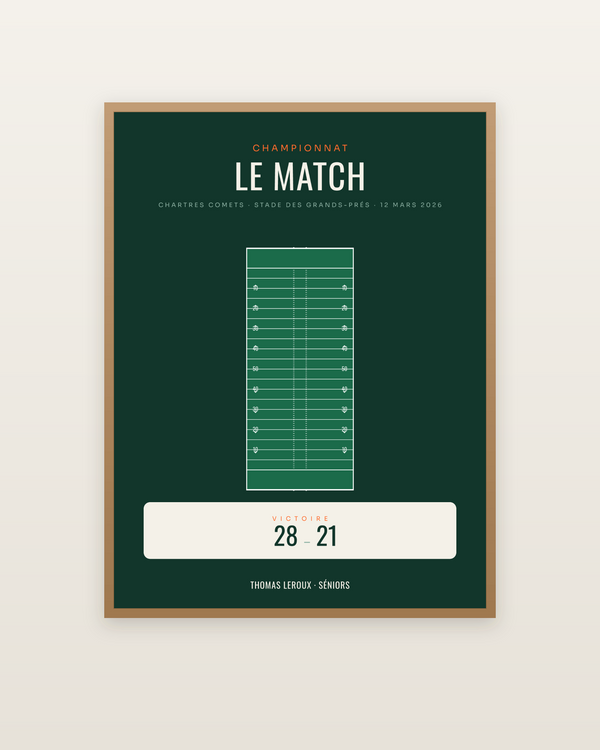Affiche score de match de football américain, encadrée dans un cadre bois naturel