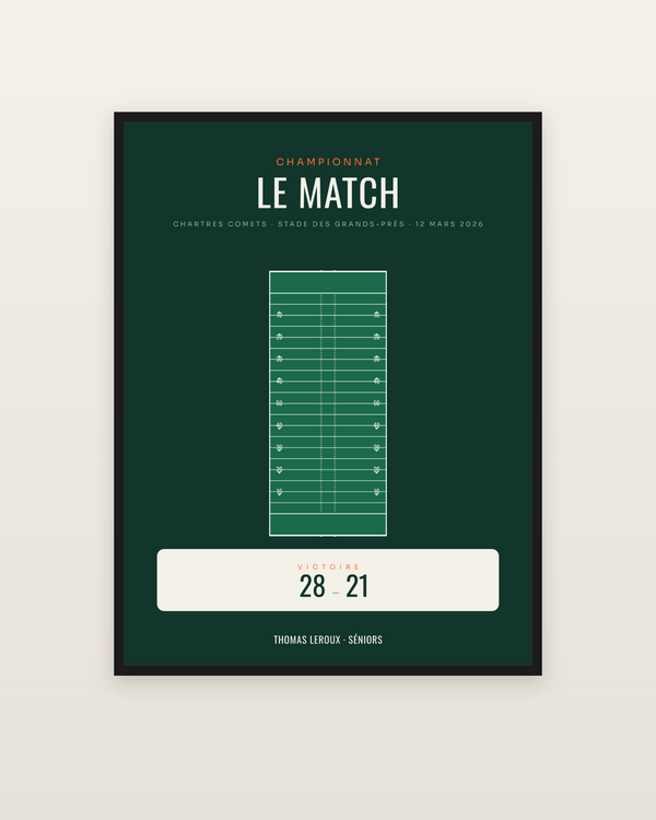 Affiche score de match de football américain, encadrée dans un cadre noir