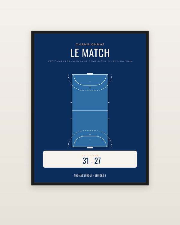 Affiche Match de handball personnalisée, encadrée dans un cadre noir