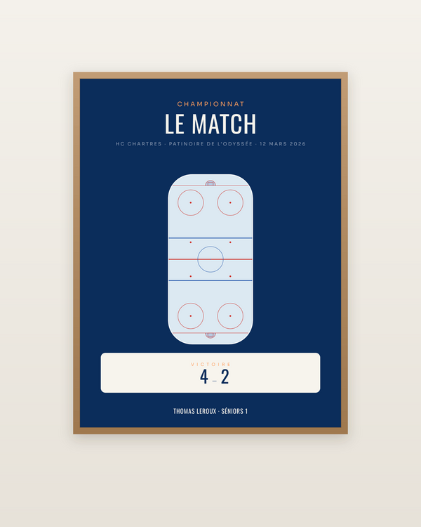Affiche hockey personnalisée avec le score du match, encadrée dans un cadre bois naturel