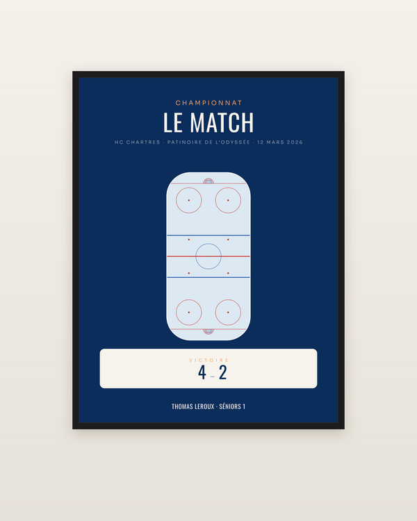 Affiche hockey personnalisée avec le score du match, encadrée dans un cadre noir